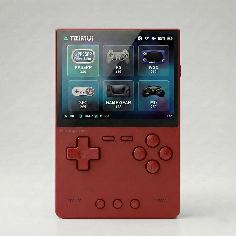 Consola retro portabila TRIMUI Brick 64GB cu jocuri, quad core Cortex-A53 2.0GHz, 1GB RAM, IPS LCD 3.2" 1024x768 4:3, acumulator 3000 mAh, WiFi, Bluetooth, rosu