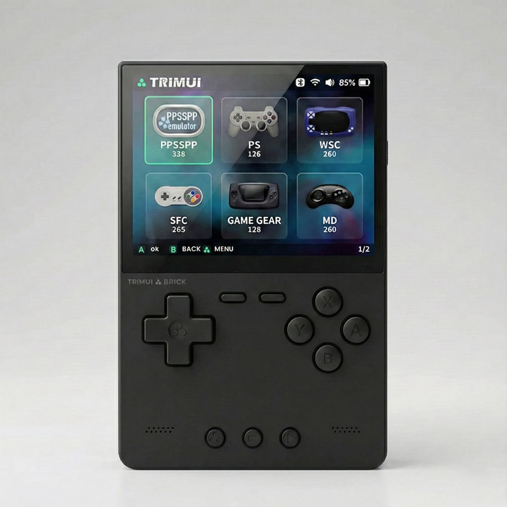 Consola retro portabila TRIMUI Brick 64GB cu jocuri, quad core Cortex-A53 2.0GHz, 1GB RAM, IPS LCD 3.2" 1024x768 4:3, acumulator 3000 mAh, WiFi, Bluetooth, negru