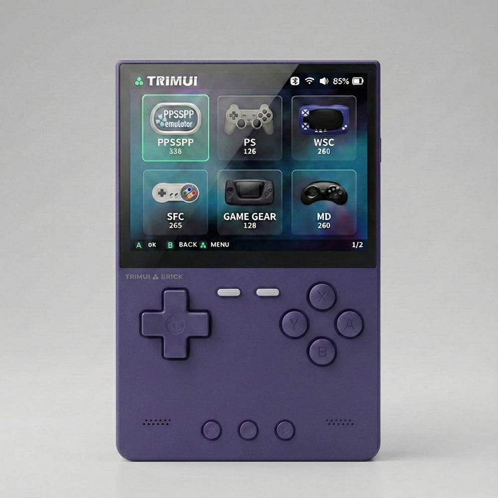 Consola retro portabila TRIMUI Brick 64GB cu jocuri, quad core Cortex-A53 2.0GHz, 1GB RAM, IPS LCD 3.2" 1024x768 4:3, acumulator 3000 mAh, WiFi, Bluetooth, indigo