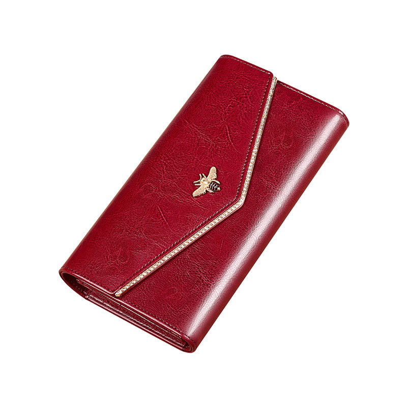 Portofel Damă Piele Naturală Lucios – Roșu Imperial, Albină & Protecție RFID (Loc Telefon & Cutie Cadou)