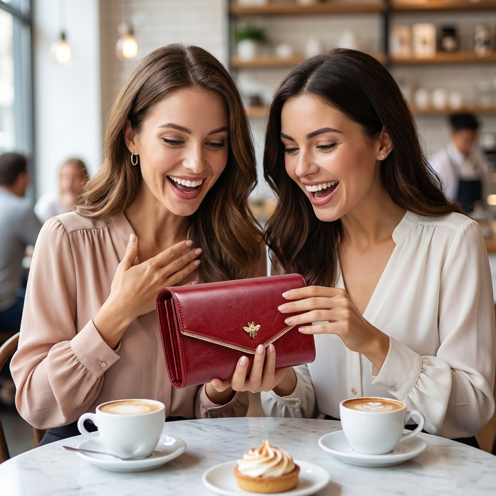 Portofel Damă Piele Naturală Lucios – Roșu Imperial, Albină & Protecție RFID (Loc Telefon & Cutie Cadou)