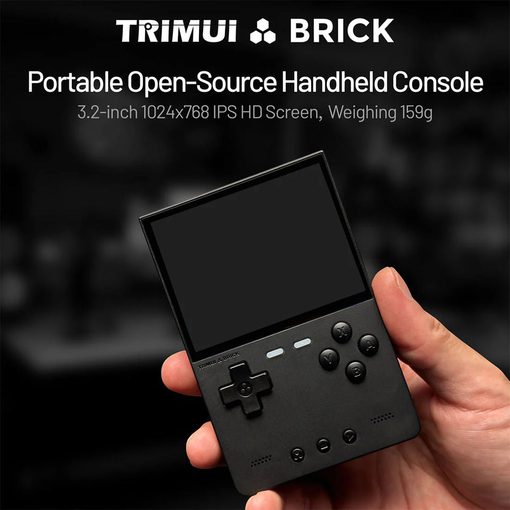 Consola retro portabila TRIMUI Brick 64GB cu jocuri, quad core Cortex-A53 2.0GHz, 1GB RAM, IPS LCD 3.2" 1024x768 4:3, acumulator 3000 mAh, WiFi, Bluetooth, negru