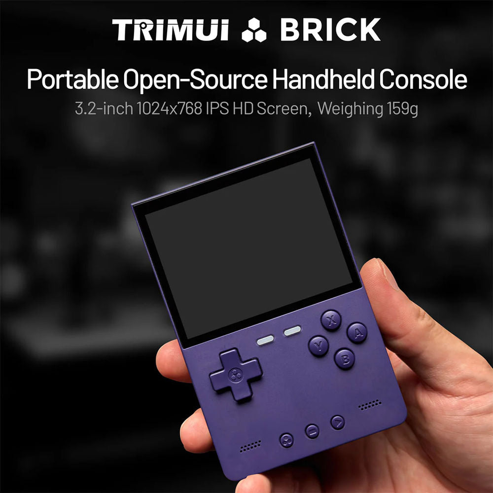 Consola retro portabila TRIMUI Brick 64GB cu jocuri, quad core Cortex-A53 2.0GHz, 1GB RAM, IPS LCD 3.2" 1024x768 4:3, acumulator 3000 mAh, WiFi, Bluetooth, indigo