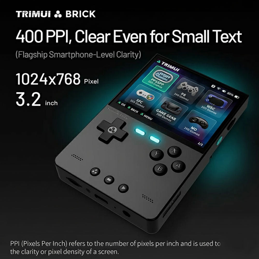 Consola retro portabila TRIMUI Brick 64GB cu jocuri, quad core Cortex-A53 2.0GHz, 1GB RAM, IPS LCD 3.2" 1024x768 4:3, acumulator 3000 mAh, WiFi, Bluetooth, negru