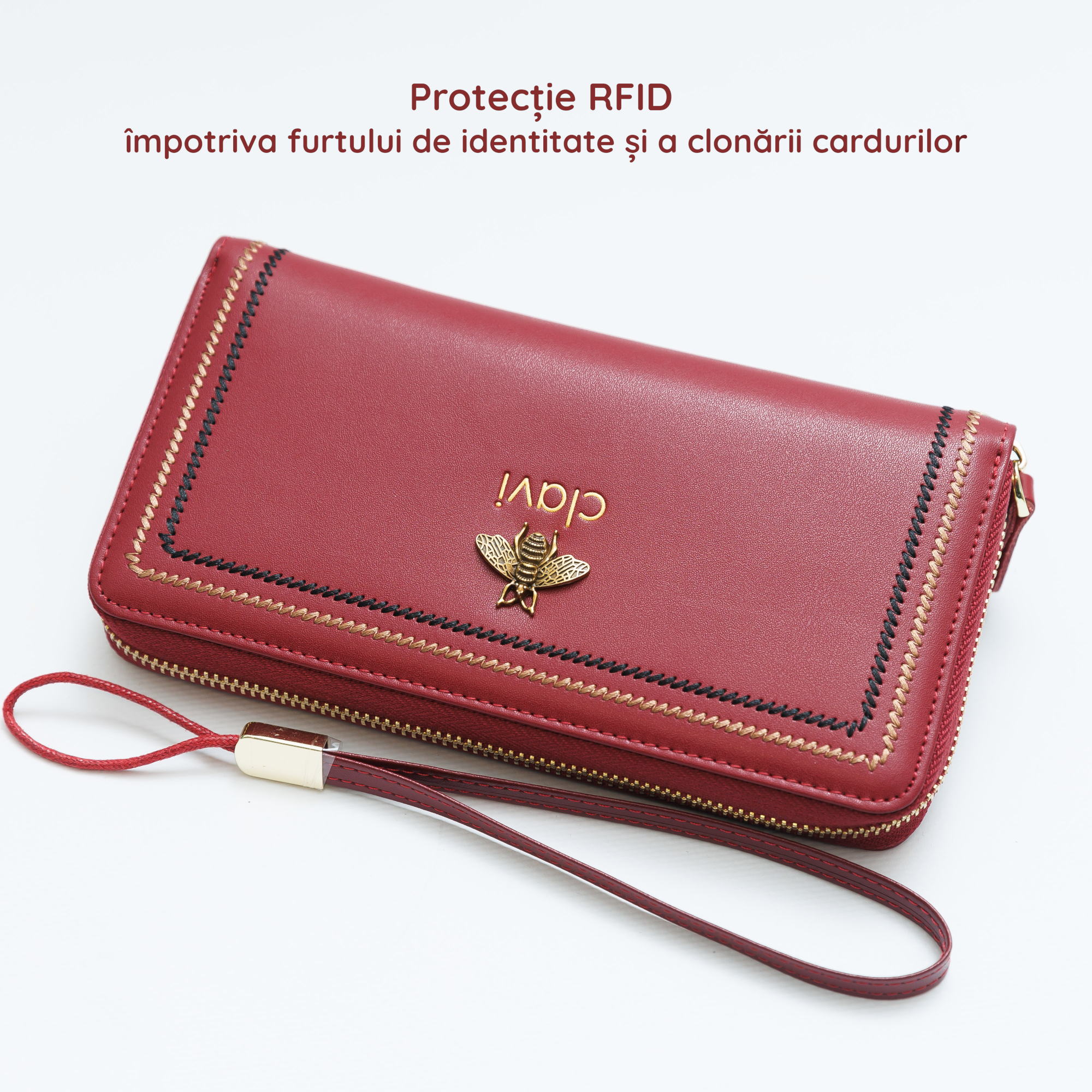 Portofel Damă Clavi din Piele Naturală – Roșu Rubin, Spațios pentru Telefon & Protecție RFID (Cutie Cadou Inclusă)