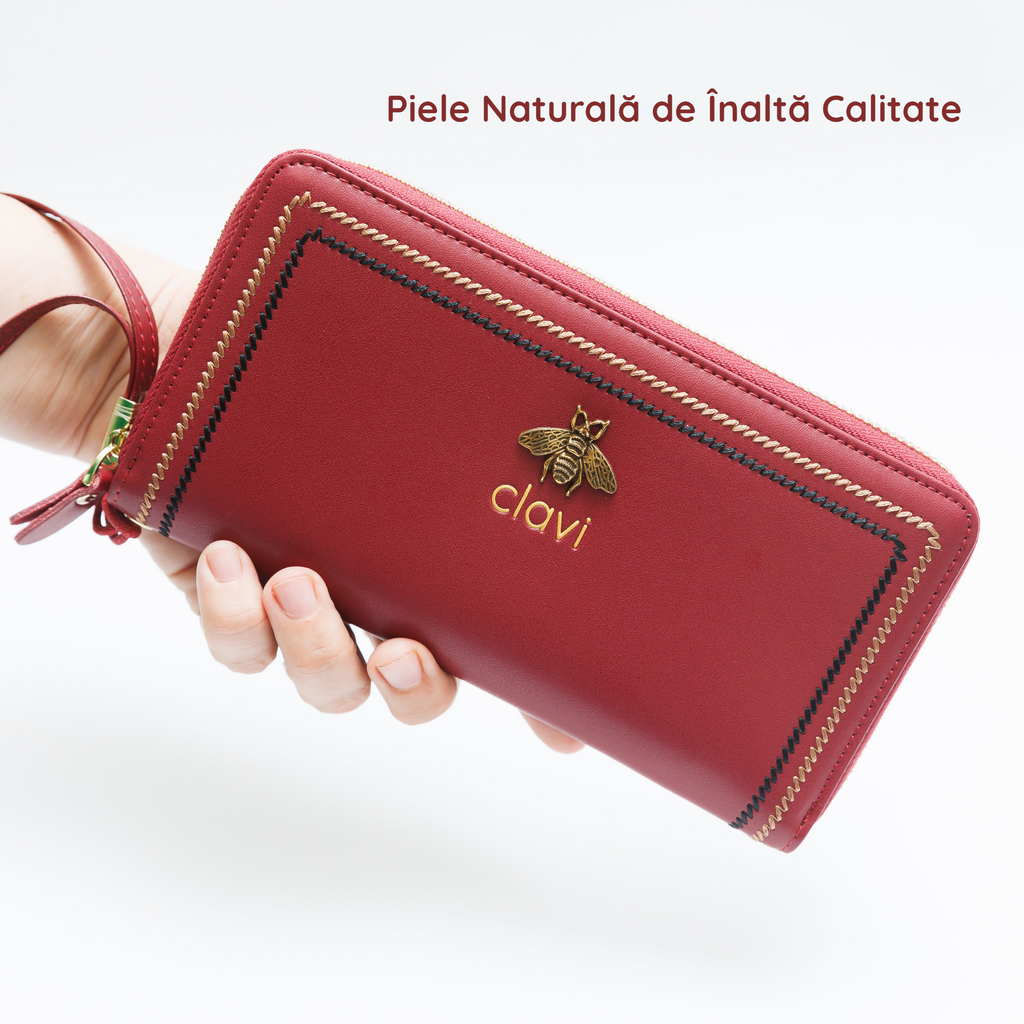 Portofel Damă Clavi din Piele Naturală – Roșu Rubin, Spațios pentru Telefon & Protecție RFID (Cutie Cadou Inclusă)