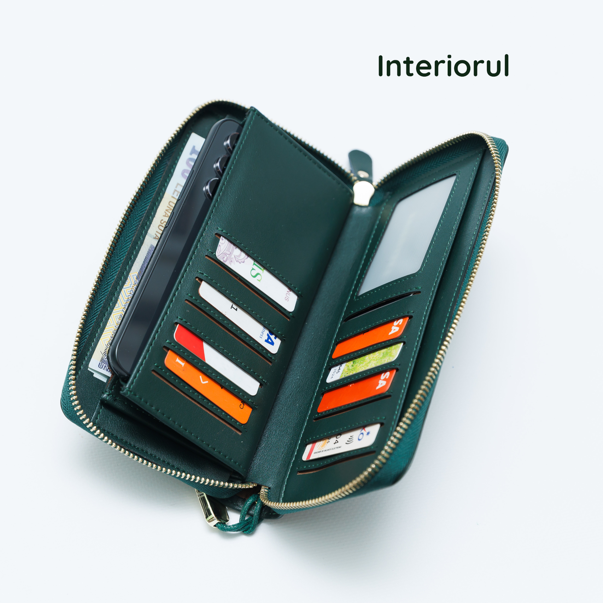 Portofel Damă Clavi din Piele Naturală, Verde Închis Forest – Spațios pentru Telefon, Protecție RFID & Cutie Cadou