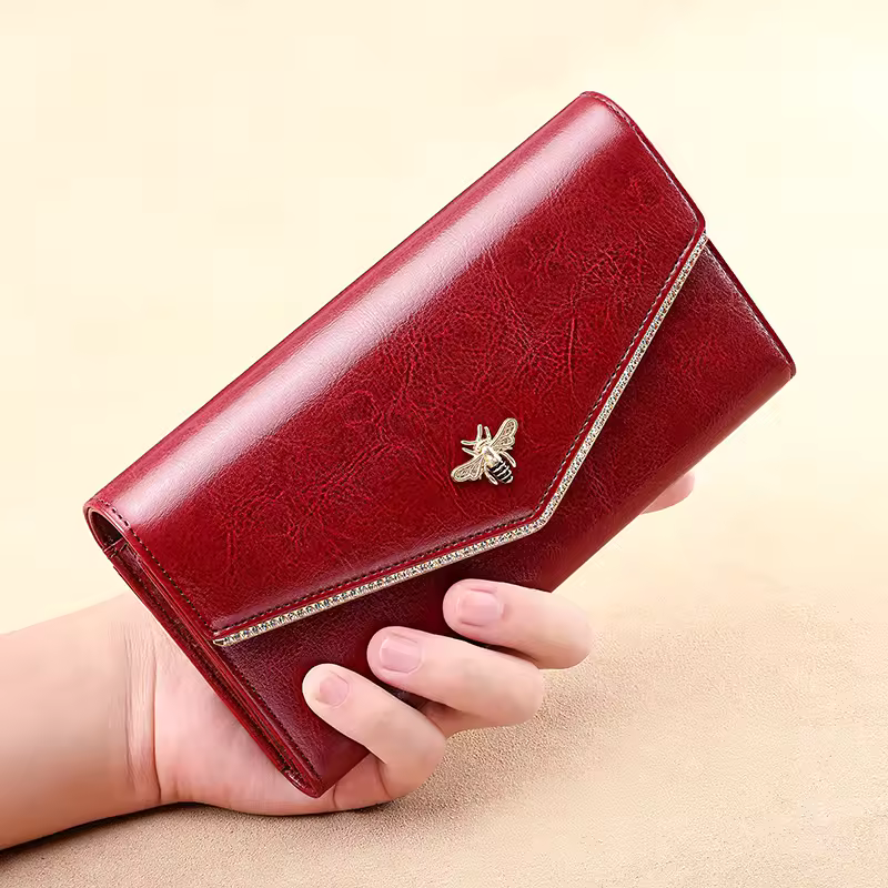 Portofel Damă Piele Naturală Lucios – Roșu Imperial, Albină & Protecție RFID (Loc Telefon & Cutie Cadou)