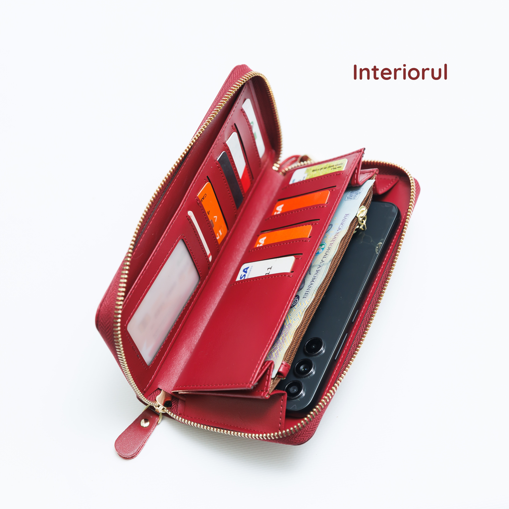 Portofel Damă Clavi din Piele Naturală – Roșu Rubin, Spațios pentru Telefon & Protecție RFID (Cutie Cadou Inclusă)