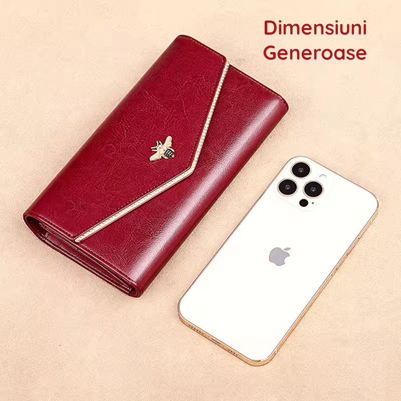 Portofel Damă Piele Naturală Lucios – Roșu Imperial, Albină & Protecție RFID (Loc Telefon & Cutie Cadou)