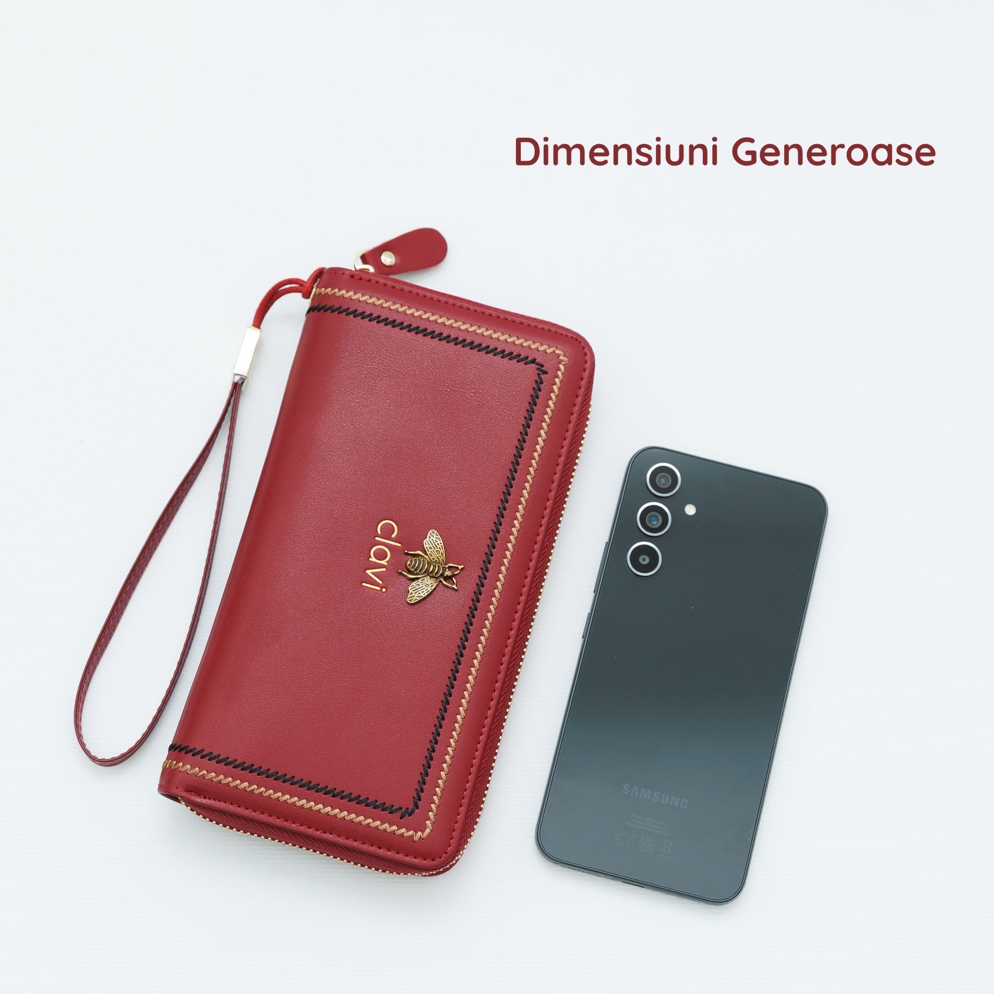 Portofel Damă Clavi din Piele Naturală – Roșu Rubin, Spațios pentru Telefon & Protecție RFID (Cutie Cadou Inclusă)