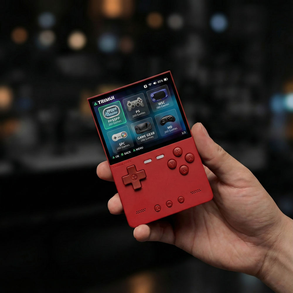 Consola retro portabila TRIMUI Brick 64GB cu jocuri, quad core Cortex-A53 2.0GHz, 1GB RAM, IPS LCD 3.2" 1024x768 4:3, acumulator 3000 mAh, WiFi, Bluetooth, rosu