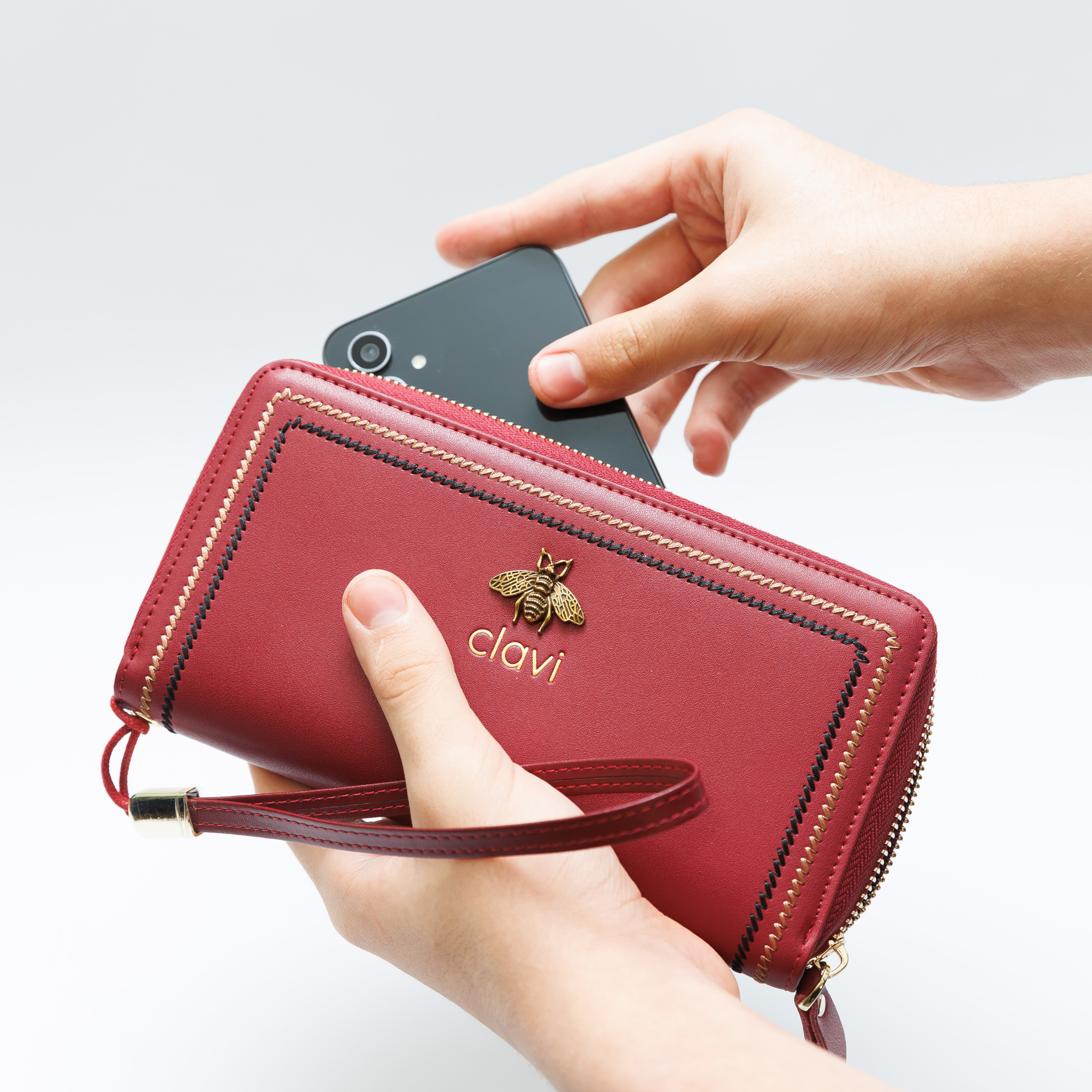 Portofel Damă Clavi din Piele Naturală – Roșu Rubin, Spațios pentru Telefon & Protecție RFID (Cutie Cadou Inclusă)