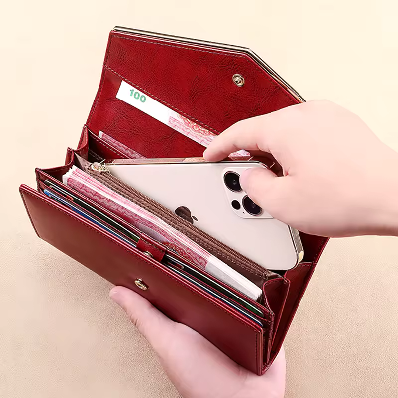 Portofel Damă Piele Naturală Lucios – Roșu Imperial, Albină & Protecție RFID (Loc Telefon & Cutie Cadou)