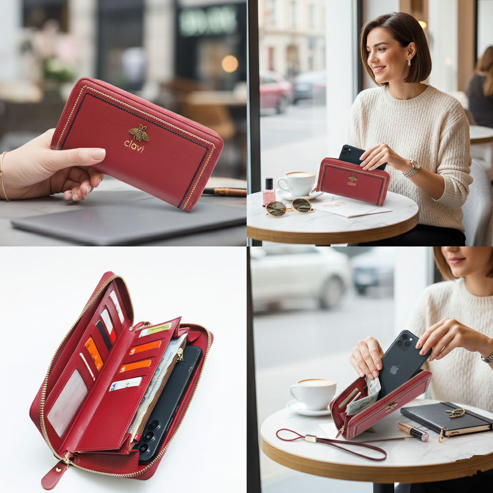 Portofel Damă Clavi din Piele Naturală – Roșu Rubin, Spațios pentru Telefon & Protecție RFID (Cutie Cadou Inclusă)