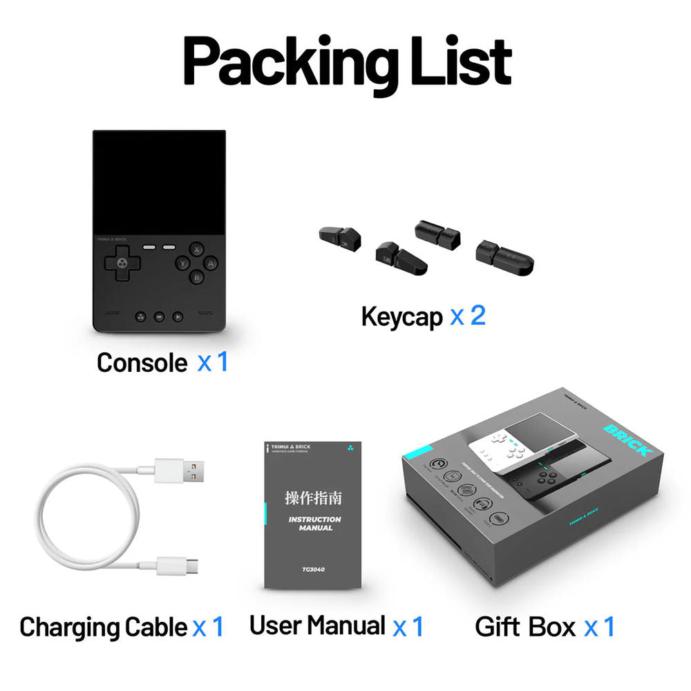 Consola retro portabila TRIMUI Brick 64GB cu jocuri, quad core Cortex-A53 2.0GHz, 1GB RAM, IPS LCD 3.2" 1024x768 4:3, acumulator 3000 mAh, WiFi, Bluetooth, negru