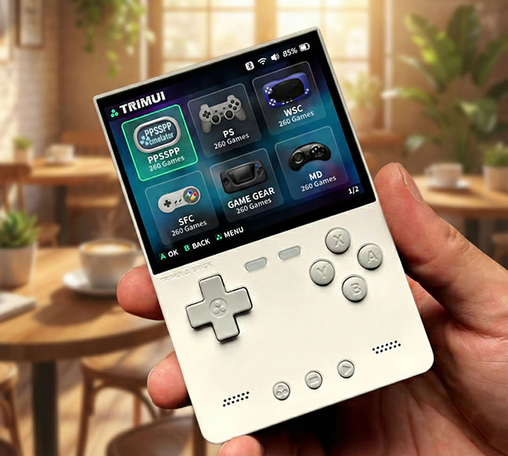 Consola retro portabila TRIMUI Brick 64GB cu jocuri, quad core Cortex-A53 2.0GHz, 1GB RAM, IPS LCD 3.2" 1024x768 4:3, acumulator 3000 mAh, WiFi, Bluetooth, alb