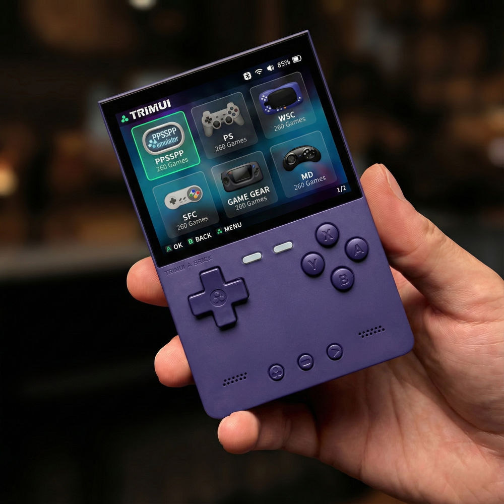 Consola retro portabila TRIMUI Brick 64GB cu jocuri, quad core Cortex-A53 2.0GHz, 1GB RAM, IPS LCD 3.2" 1024x768 4:3, acumulator 3000 mAh, WiFi, Bluetooth, indigo